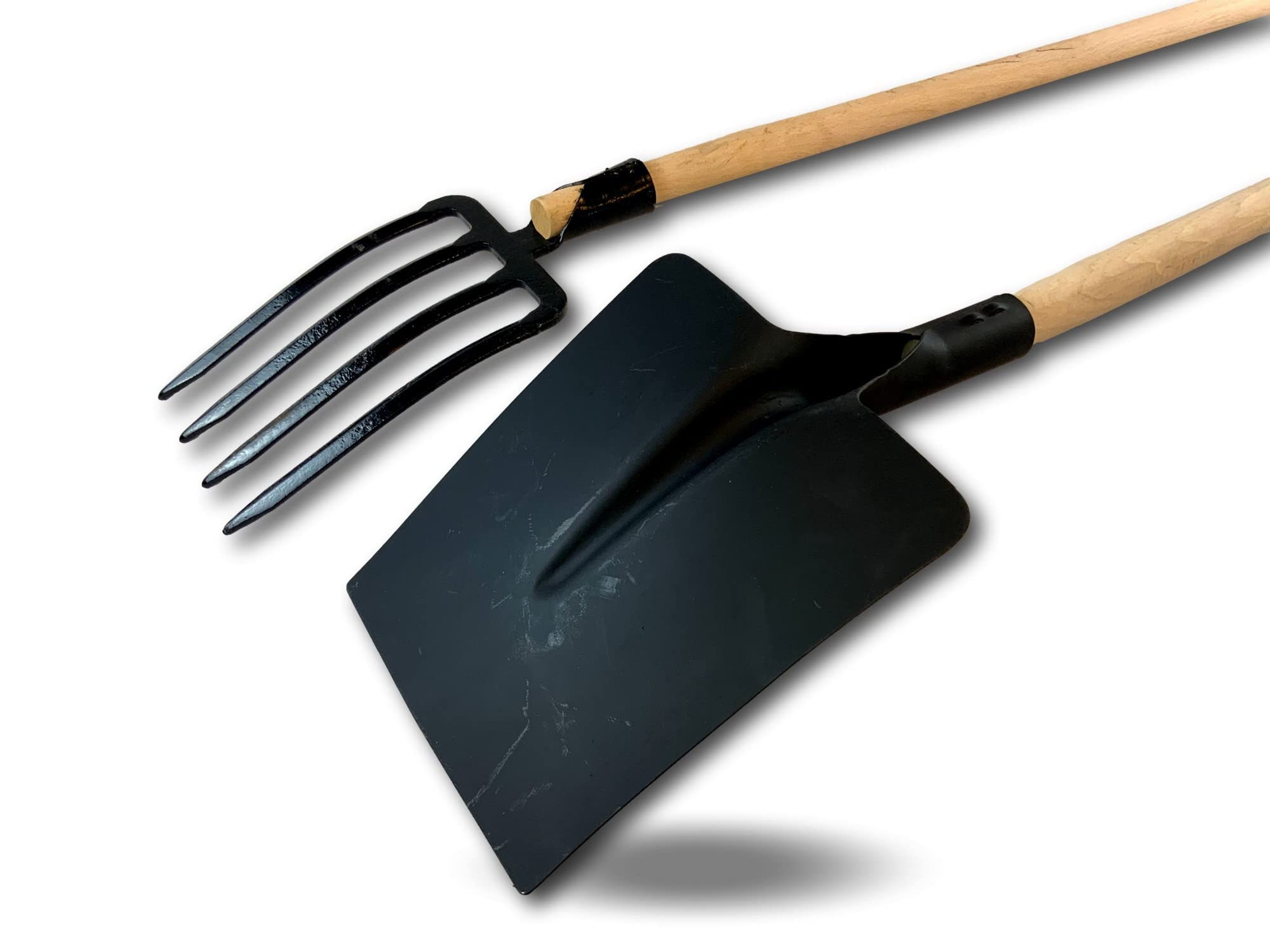 Kibros Kit fourche bêche 4 dents larges + pelle carrée manche bois acier | Fourche bêche 4 dents + pelle carrée, manches bois, têtes acier noir, retourner terre jardinage potager terrassement.