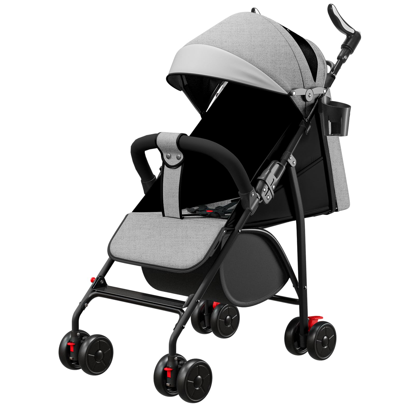 Poussette 4 Roues jusqu'à 25 kg Grande Capote Pliage Compact Dossier Inclinable Guidon Réglable Grandes Roues Tout-A-gris