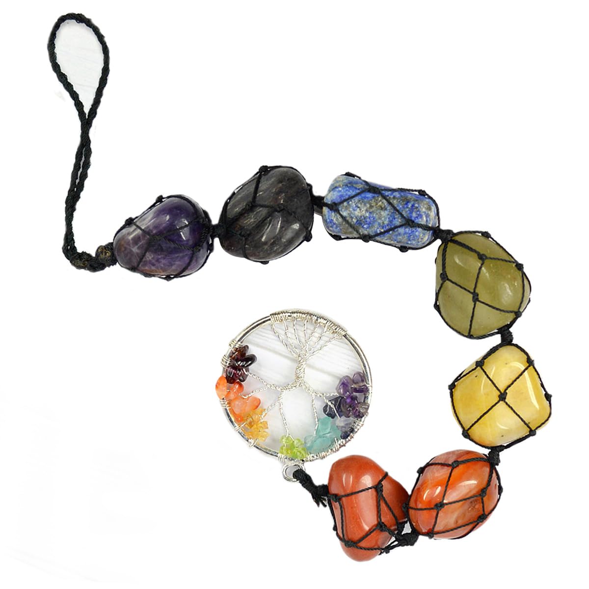 Reiki Crystal Products Natural 7 chakra Tumble Stone Hanging with Tree of Life for Car Hanging and Door Hanging Reiki Healing and Crystal Healing Stones Size 27.9 cm (11 inch) (Color : Multi)