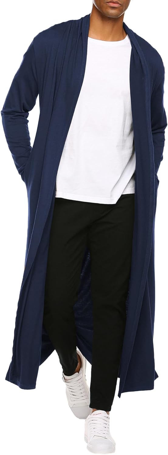 COOFANDY Men's Lightweight Ruffle Shawl Collar Cardigan Open Front Long Length Drape Cape Overcoat - Image 6
