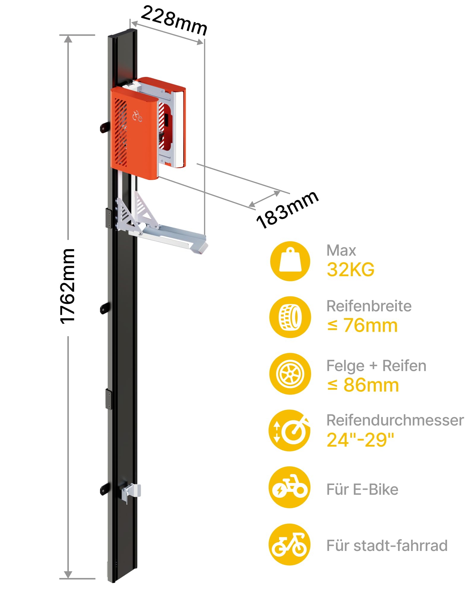 monTEK Automatischer Fahrradlift – Vertikaler Fahrradträger für schwere Fahrräder (bis 32 kg) – Einfache Montage, platzsparende Wandhalterung für Garage, Schuppen, Wohnung – Für 24-29" Reifen, E-Bikes