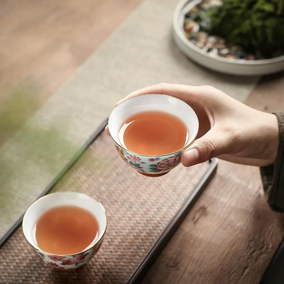 Juego de Tazas de té esmaltadas de Porcelana Blanca, Taza de té de cerámica Pintada a Mano, Sombrero de Flores, Juego de té de Kung Fu, tazón de té, 6 uds.