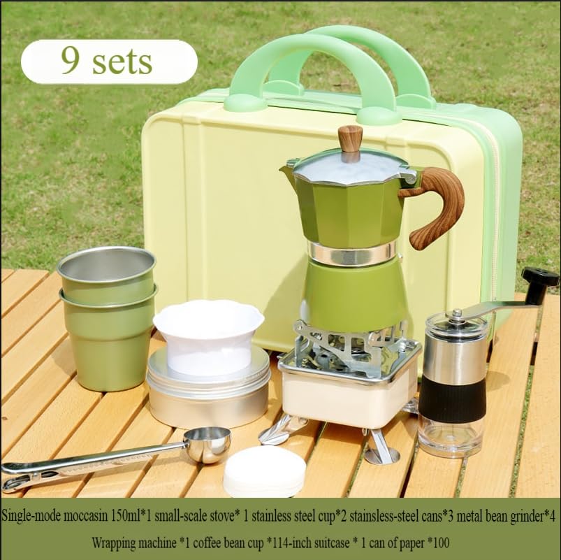 Herd Espresso Mokka Krug 9 Stück Tragbare Tasche Handbrühen Kaffeemaschine Set für Reisen, Camping, Büro, Backpacking Reisen, Outdoor Party, Wildangeln (9-teiliges Set-Grün)