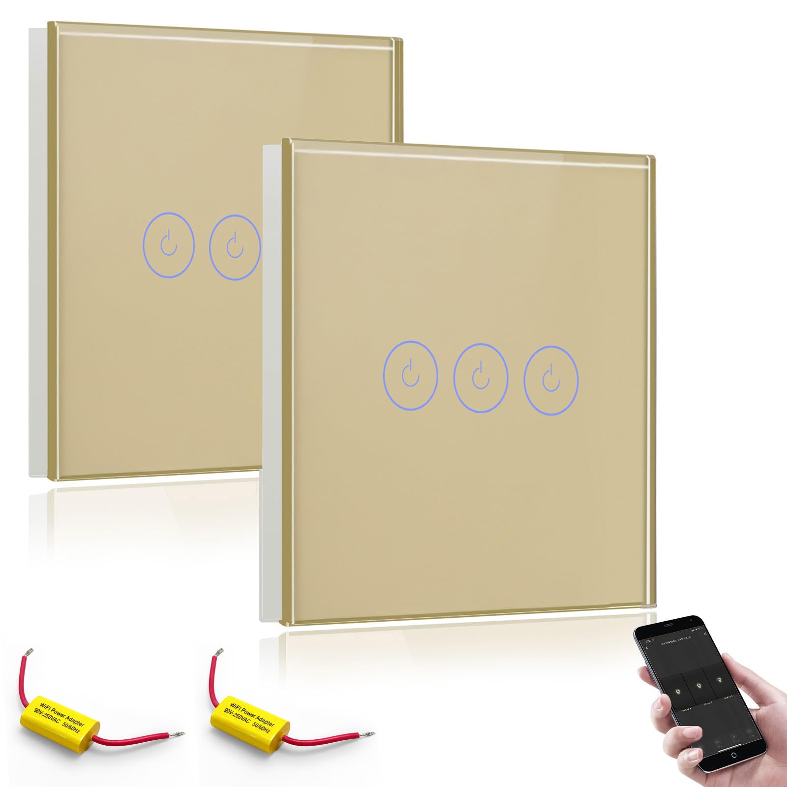 BSEED WiFi Touch Switch Gold,3 Gang 2 Way Smart Light Switch Compatible with Alexa and Google Home,with Smart Life Remote Control(No Hub Required)-No Need Neutral Wire-2 pack — image 1
