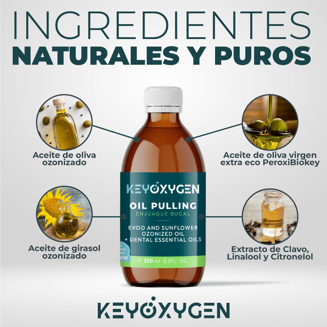 Enjuague Bucal Oil Pulling sin Alcohol Natural para Encias y Dientes con Aceite de Oliva Virgen Extra y Girasol Ozonizados + Aliento fresco y Cuidado de la Mucosa Bucodental