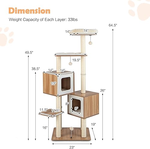 Miniatura 7 de Giantex Árbol para gatos multicapa, torre para gatos de 64.5 pulgadas con postes rascadores de sisal natural, 2 condominios, perca acolchada, cojín