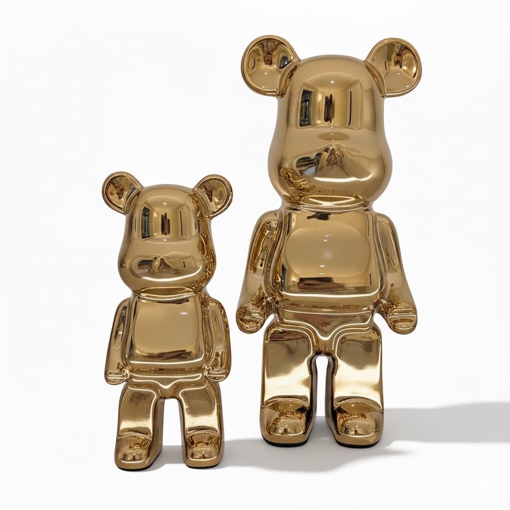 Rowen Homes Gold Pearlescent Standing Bear Sculpture Set - Decorative Money Box Ornament, Glossy Modern Art Figurine For Home Decor, Standard & Mini Sizes - Luxury Interiors (Gold)