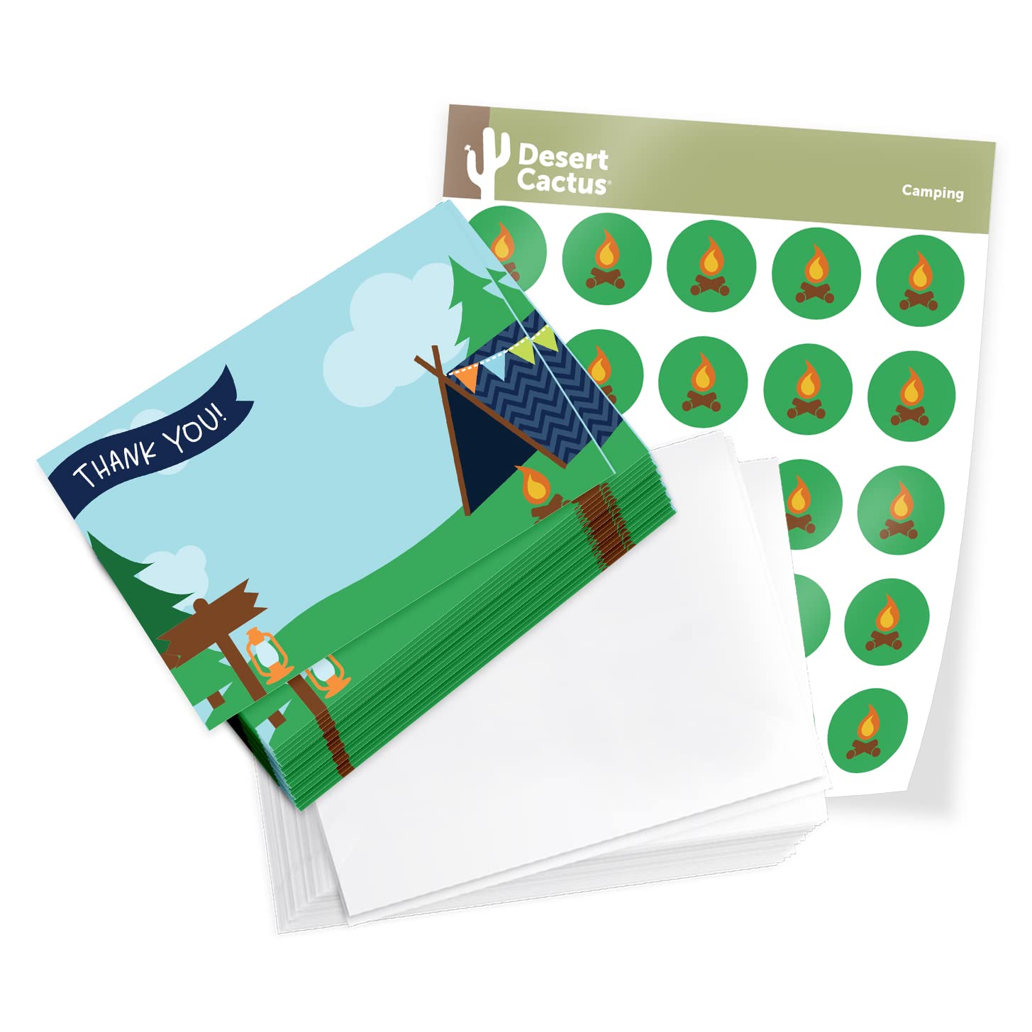 Desert Cactus Camping Thank You Cards (25 Count) With Envelopes Bulk Birthday Party Bridal Blank Graduation Kids Children Boy Girl Baby Shower (25ct)