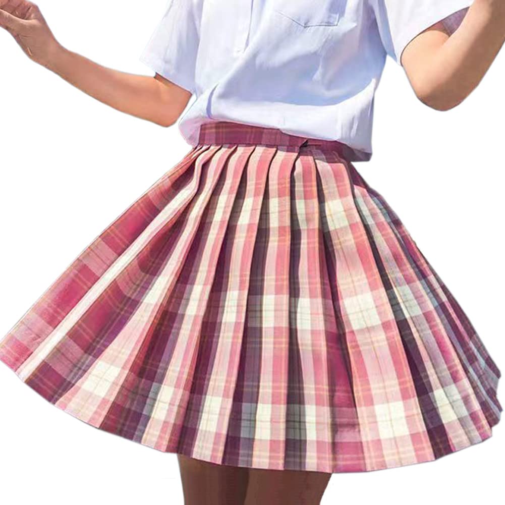 Women's Girls Plaid Pleated Skirt High Waisted Japanese School Uniform A-line Pleated JK Skirt Skater Tennis, Pink, XL