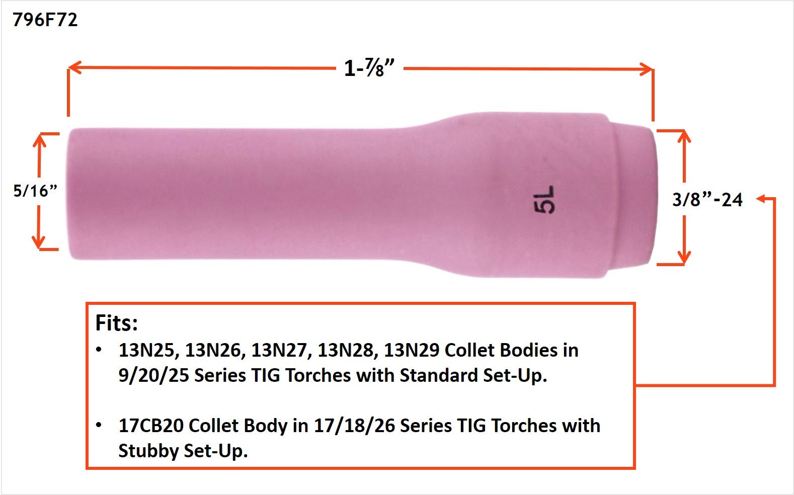Long Alumina Nozzle Cups for TIG Welding Torches Series 9/20/25 with Standard Set-Up and 17/18/26 with Stubby Set-Up - Model: 796F72 - #5 (5/16