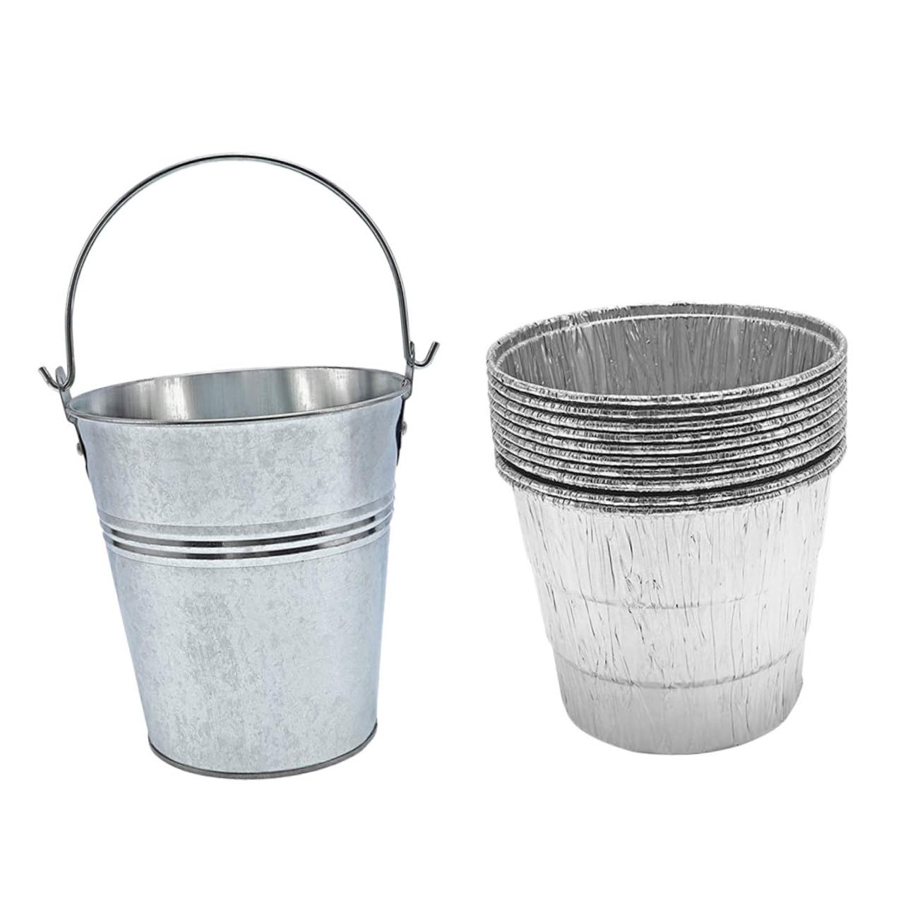 GALPADA Secchio Raccogli Grasso Barbecue da Esterno in Ferro Argento | Set 10 Pezzi con Liner Usa e Getta, Sostituzione Facile, per Camping e Bbq