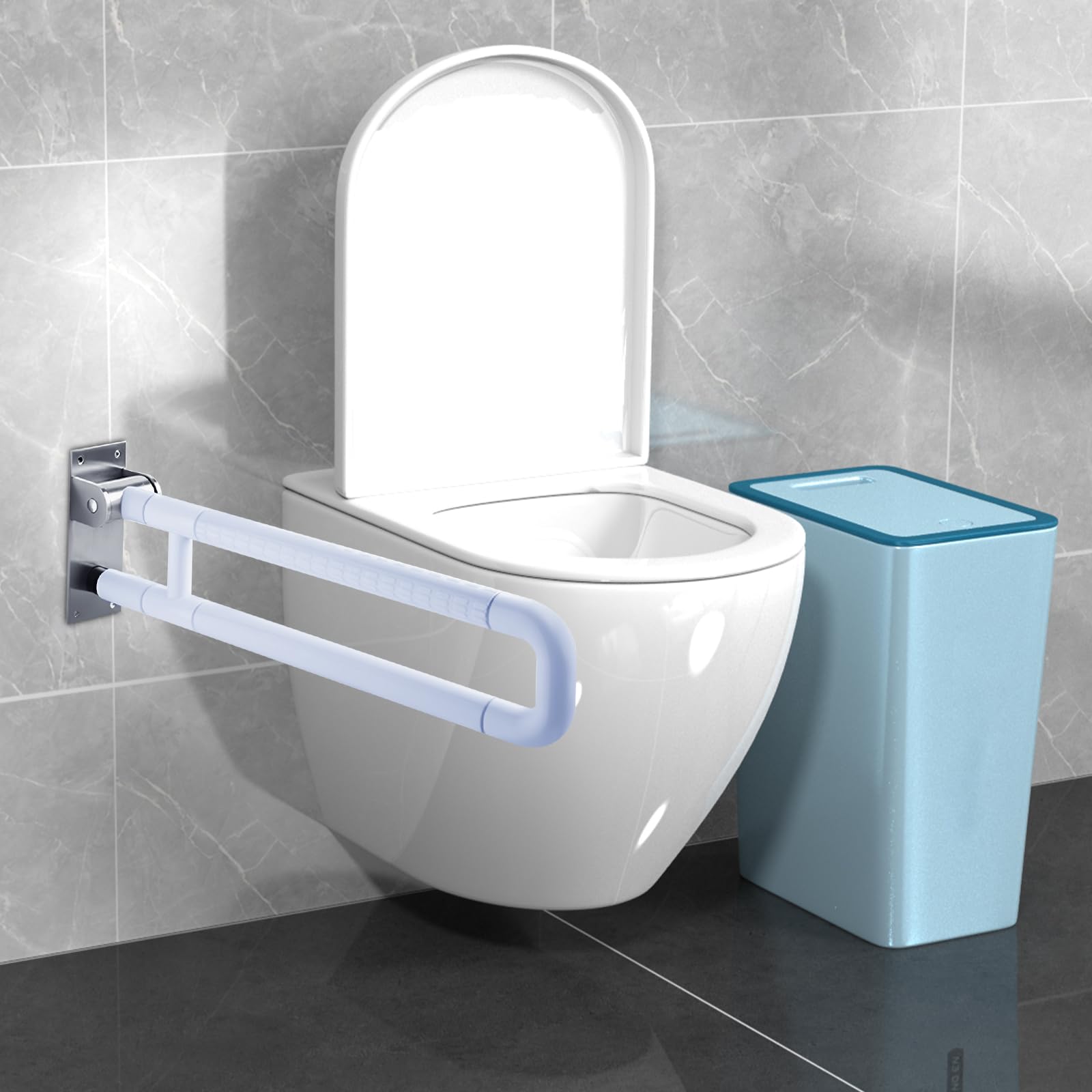 Asidero para inodoro para personas mayores, discapacitados, plegable, acero inoxidable, antideslizante, con una capacidad de carga de 226 kg, antideslizante con perfil estriado, función plegable 90°