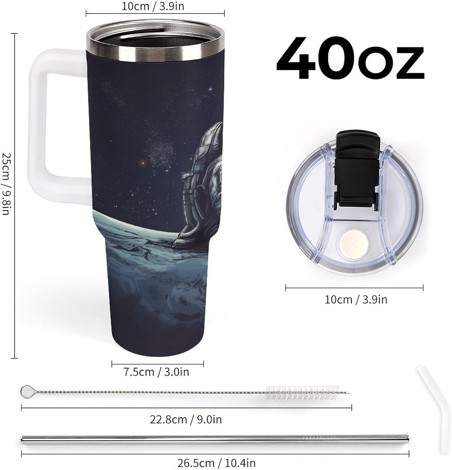 Astronaut Space Tumbler Stainless Steel Large Car Cup with Handle&Straw Lid Portable Coffee Cup Leak-proof Water Bottle Insulated Vacuum Travel Mug for Home Outdoor 40oz