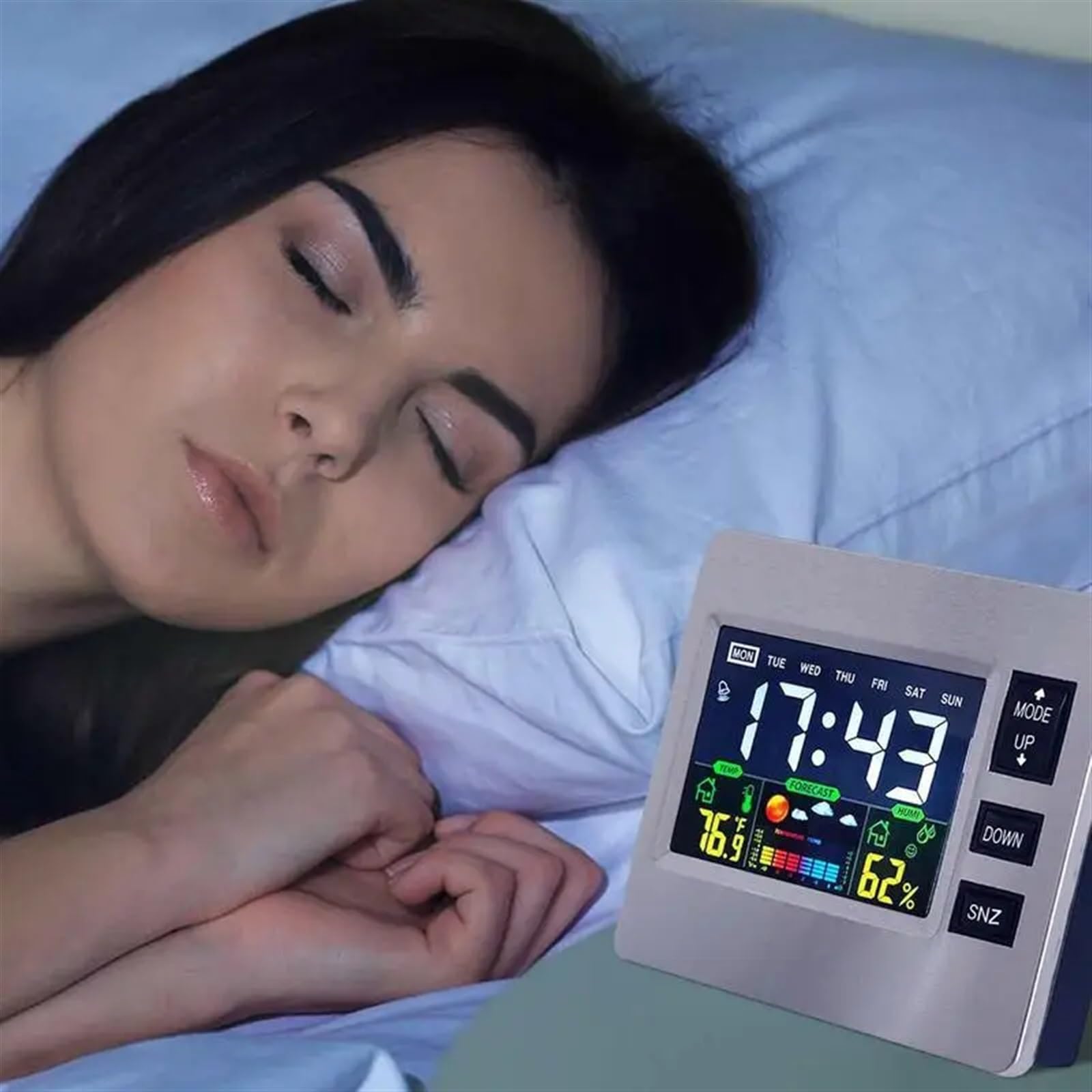 Stacja pogodowa, budzik, cyfrowy zegar drzemki, wsparcie głosowe/dotykowe, budzenie, elektroniczny termometr, prognoza pogody, zegarek stołowy, do domu, ogrodu