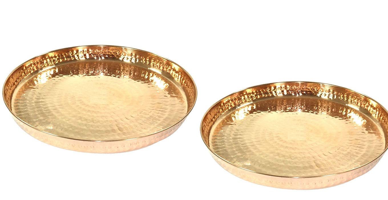 K K Traders KK Once Copper Pure Copper Hammered Dinner Set Thali Plate, Serveware & Dinnerware | Diameter 13" Inch | Set of 2
