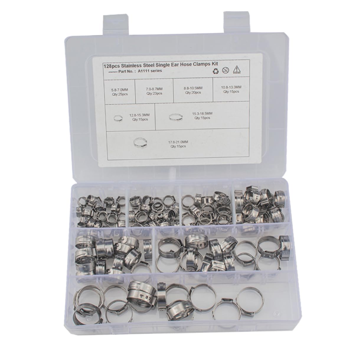 MUCKLILY Water Hose Clamps Single Ear Clamp Set 128pcs Assorted Stainless Steel Worm Drive Easy to Use