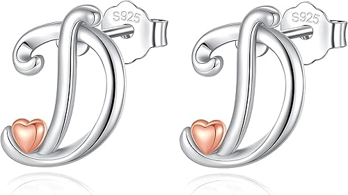 CELESTIA 925 Sterling Silver Initial Earrings 26 Letter with Rose Gold Heart Earrings Studs
