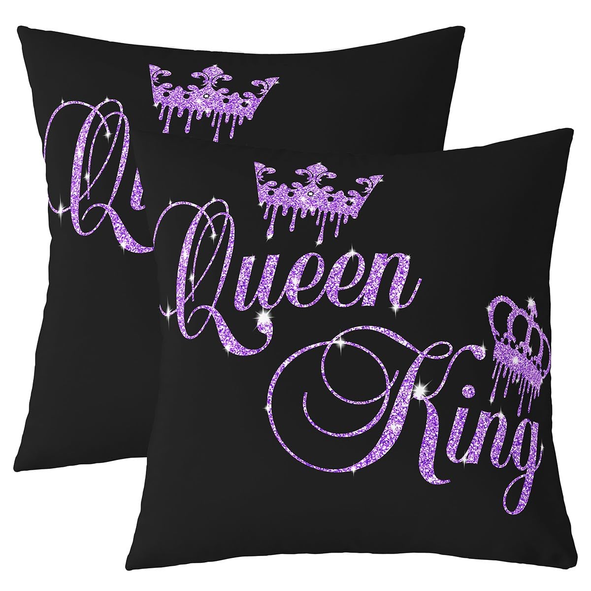 Homemissing Crown Queen and King Couple Throw Pillow Covers His and Hers Pillow Covers for Home Sofa Bed Couch for Teens Women Men Black Purple Cushion Covers (No Glitter) 40x40cm Set of 2
