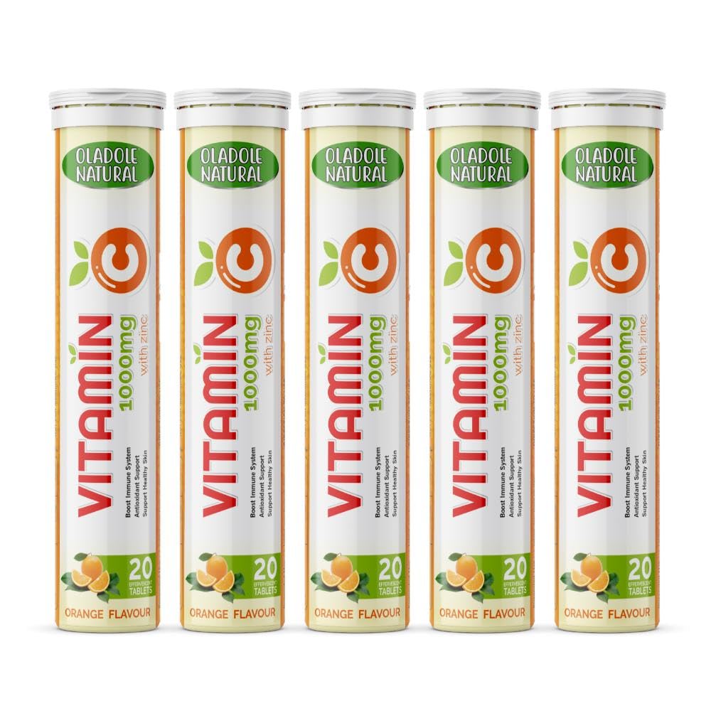 Oladole Natural Vitamin C Effervescent + Zinc Orange Flavor- 1000mg (20 Tablets) | Immune Support, Antioxidant Boost, Collagen Production, Skin Health | Non-GMO, Gluten-Free, Pack 5