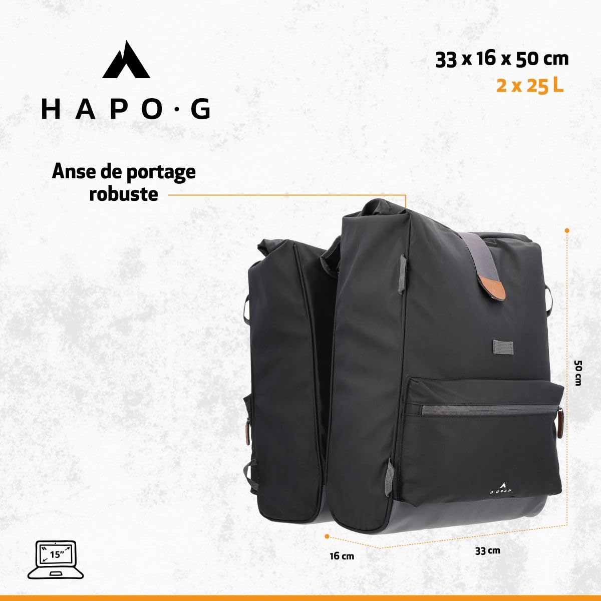 Hapo-G - Sacoche vélo Porte Bagage arrière - Waterproof - Capacité de 50L, 2 x 25L - Noir - 33 x 16 x 61 cm - Accessoire vélo électrique (VAE), VTT, VTC, Ville