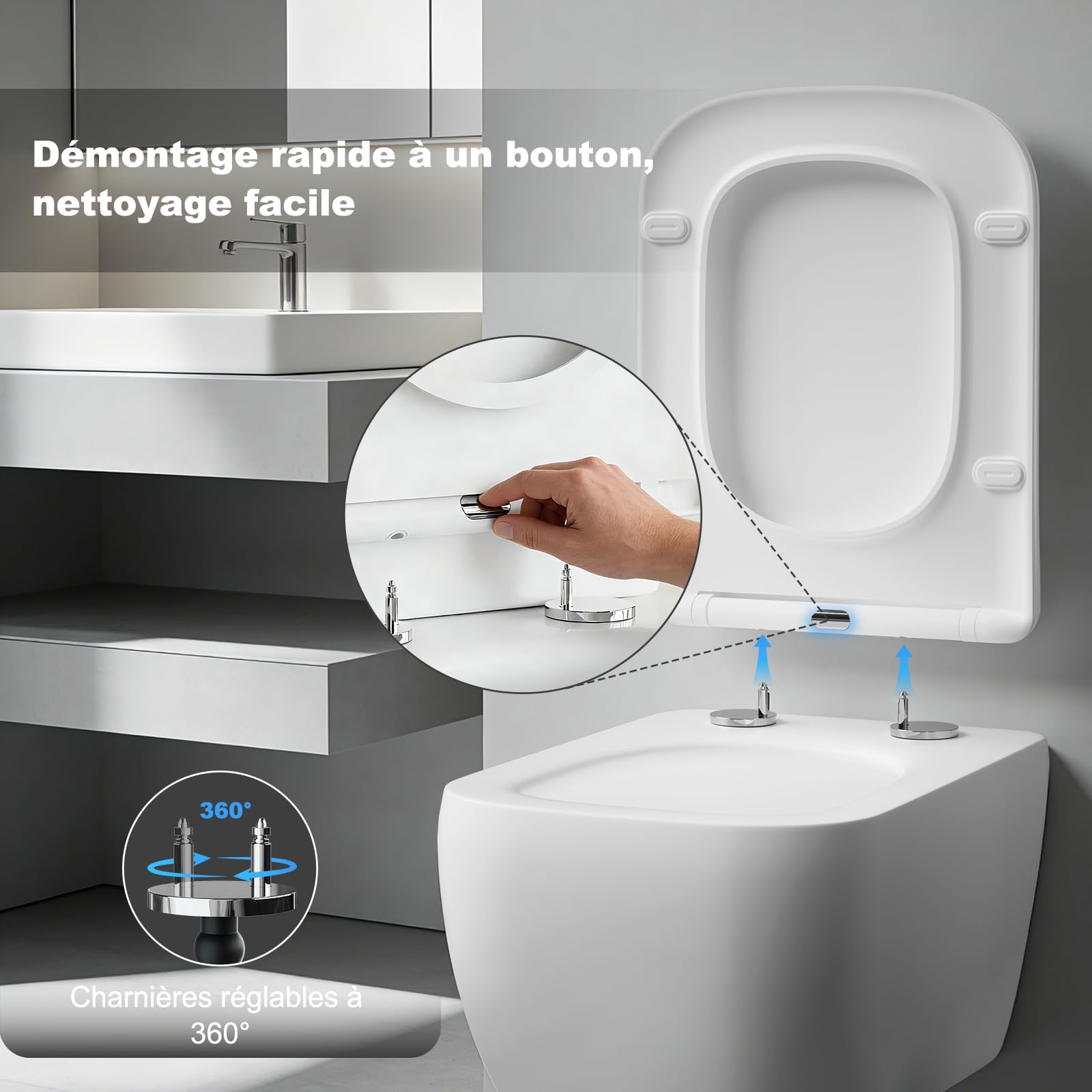 SURFOU Abattant WC avec Frein de Chute, Duroplast Haute Qualité, Forme en Carré, Déclipsable pour un Nettoyage Facile, Supporte jusqu’à 200 kg, avec Chevilles en Caoutchouc, Stabilité sans Jeu, Blanc - 5