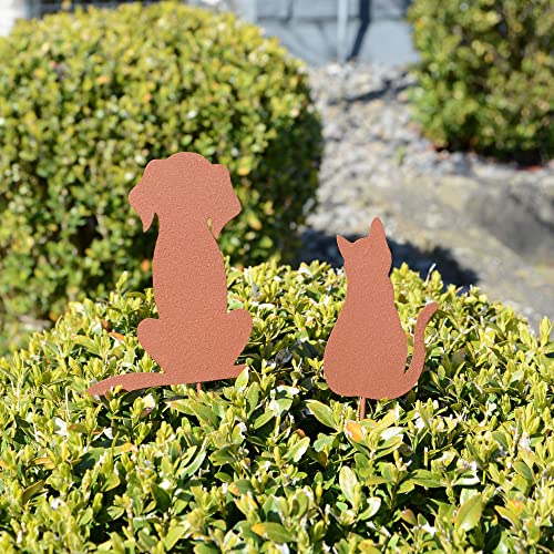 UNUS Garden Hund und Katze Gartenstecker 2er Set, Gartendeko Rostoptik, Roststecker aus Edelrost Metall, Rost Deko für Garten Terrasse Balkon Blumentopf