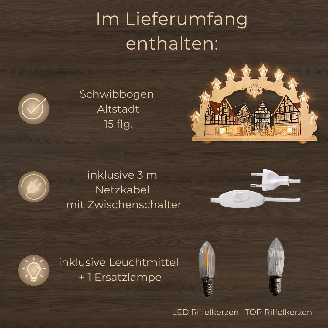 weigla - Schwibbogen original Erzgebirge I Motiv Altstadt I LED Lichterbogen Weihnachten I 15 Lampenkerzen + 1 Ersatzlampe I 15 x 16 V, 0,2 W, E10 I beleuchtete Weihnachtsdeko innen I aus Holz