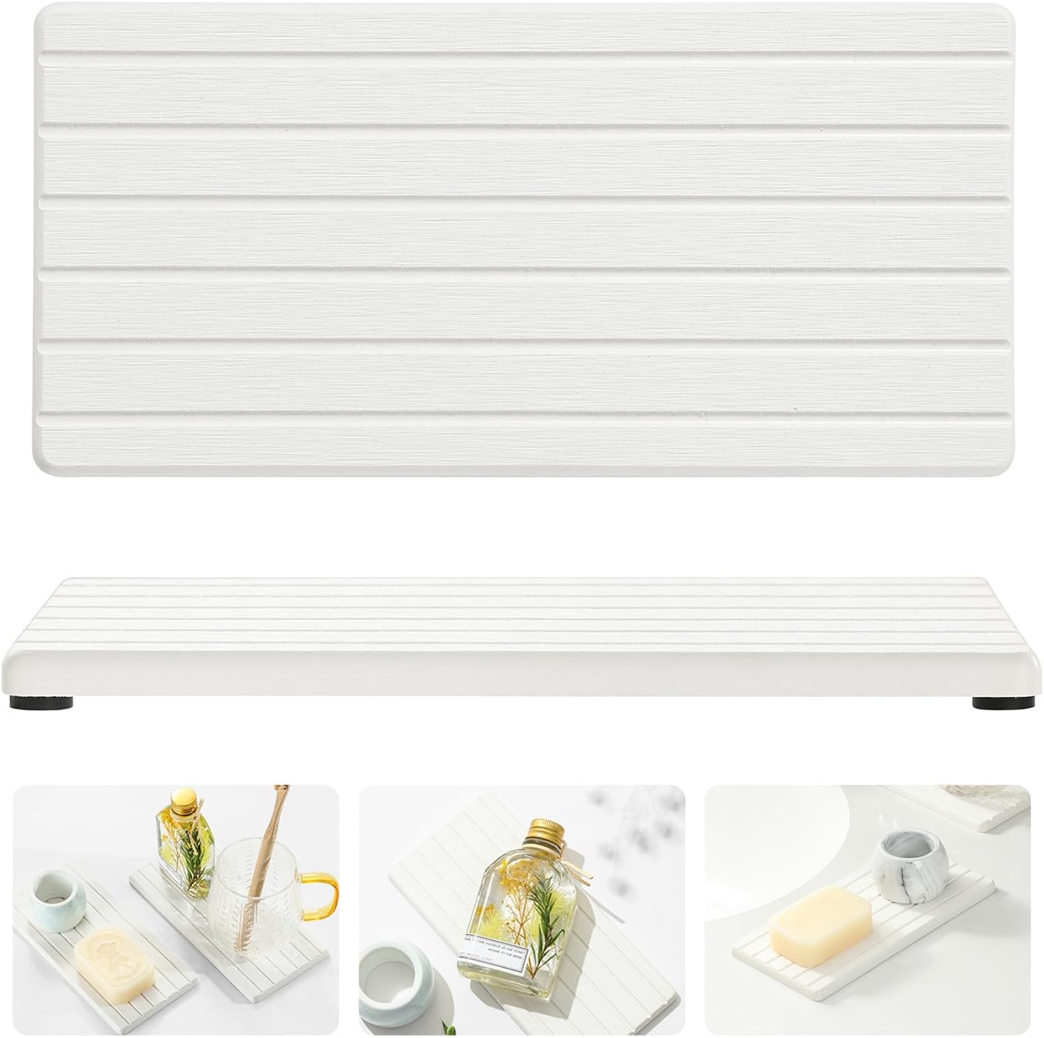 2PCS Water Absorbing Stone Drying Tray Mat Bathroom Kitchen Sink Organizer Sponge Holder Vanity Coaster White