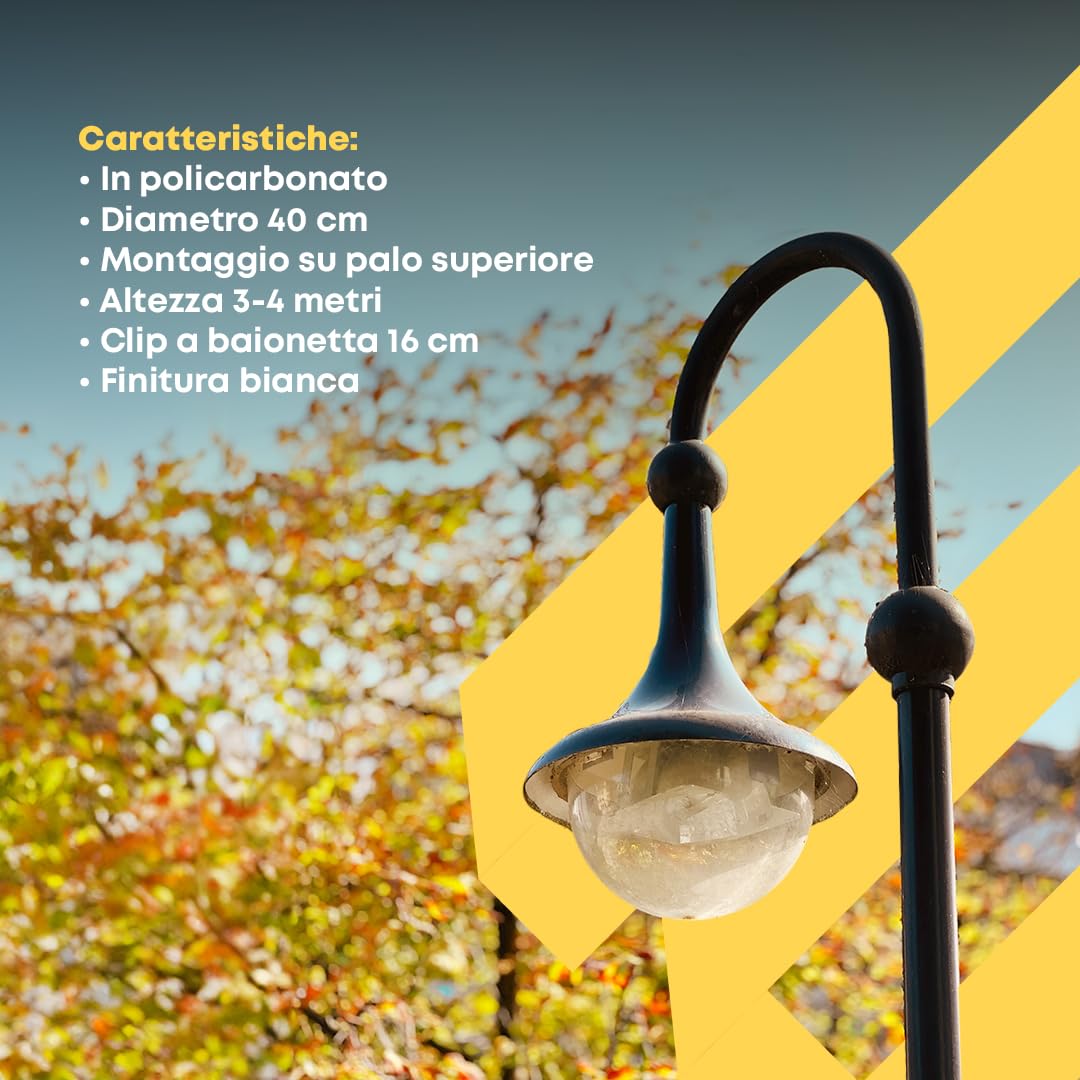 Globo Lampione da Esterno - Illuminazione Pubblica - Luci da Esterno - Policarbonato Bianco - Misure: Ø 40 cm - Impugnatura a Baionetta: 16 cm