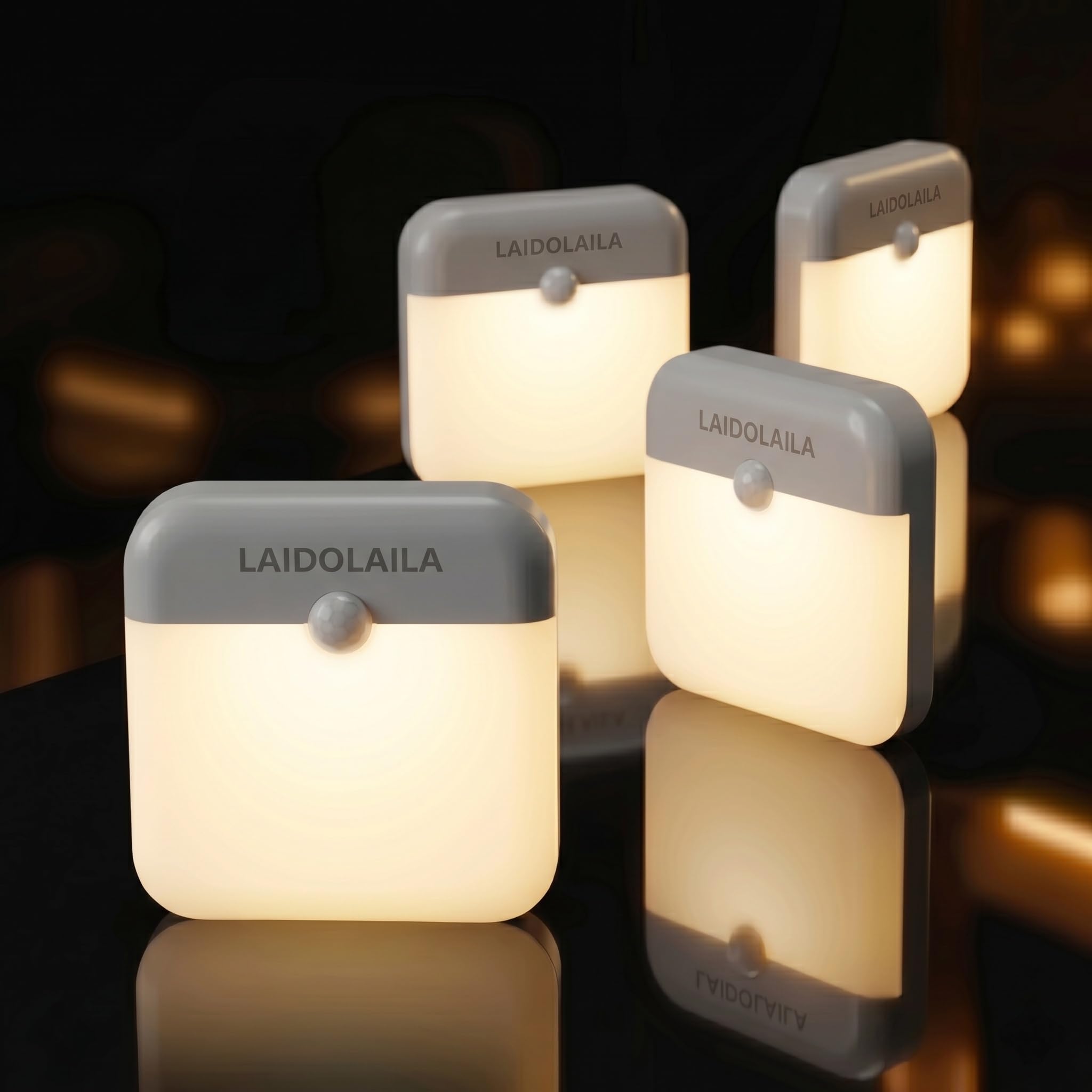 Lot de 4 veilleuses magnétiques avec détecteur de mouvement et batterie rechargeable LED pour une utilisation en intérieur dans la salle de bain, le couloir, la cabine, les toilettes, les