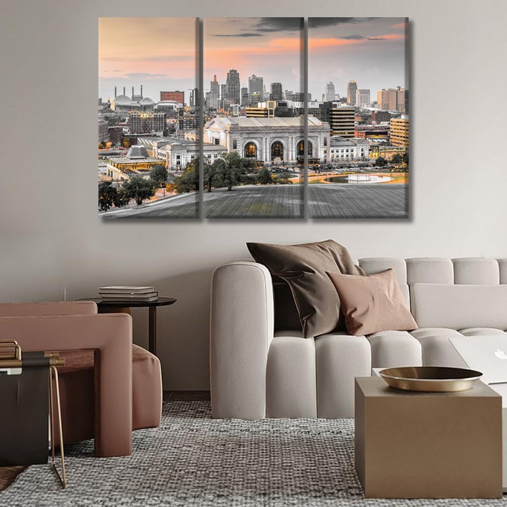 Contemporary Kansas Cityscape Wall Art Union Station Posters & Prints Colorful Canvas City Panoramic Black and White Wall Art Gallery Wrapped Canvas on Pine Wooden Framed Ready to Hang 20X40X3 INCH