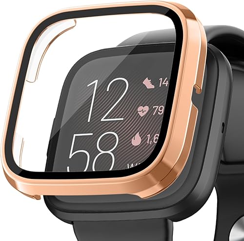 Tobfit Funda rígida de policarbonato integrada con protector de pantalla de vidrio templado para Fitbit Versa 2, funda protectora duradera ultrafina