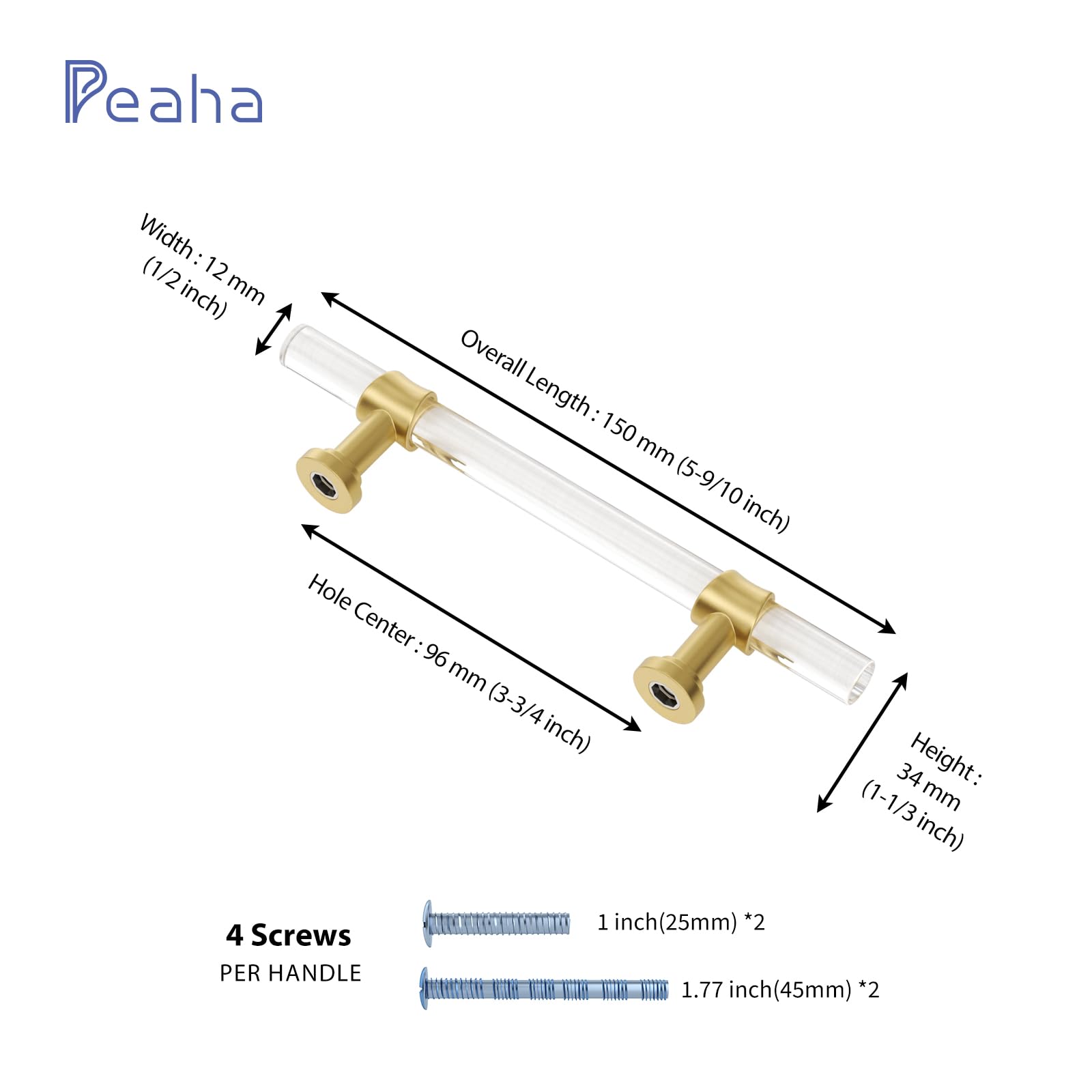 Peaha - Confezione da 25 maniglie per cassetti in ottone spazzolato, per armadietti da cucina, con barra a T per armadi, foro centrale da 3 a 1,9 cm, lunghezza complessiva
