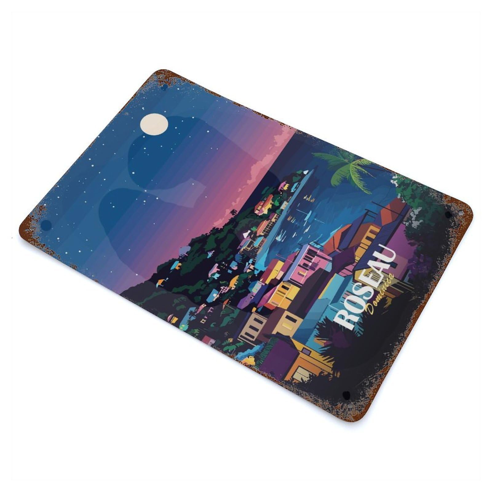 Roseau Dominica Nightscape Art Print Rustic Tin Plaque 11.8"x7.9", Ideal for Cafe, Home Bar And Lounge Decor