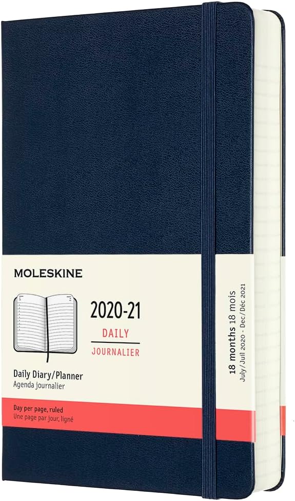 Moleskine 18 Month 2020-2021 Daily Planner, Hard Cover, Large (5" x 8.25") Sapphire Blue