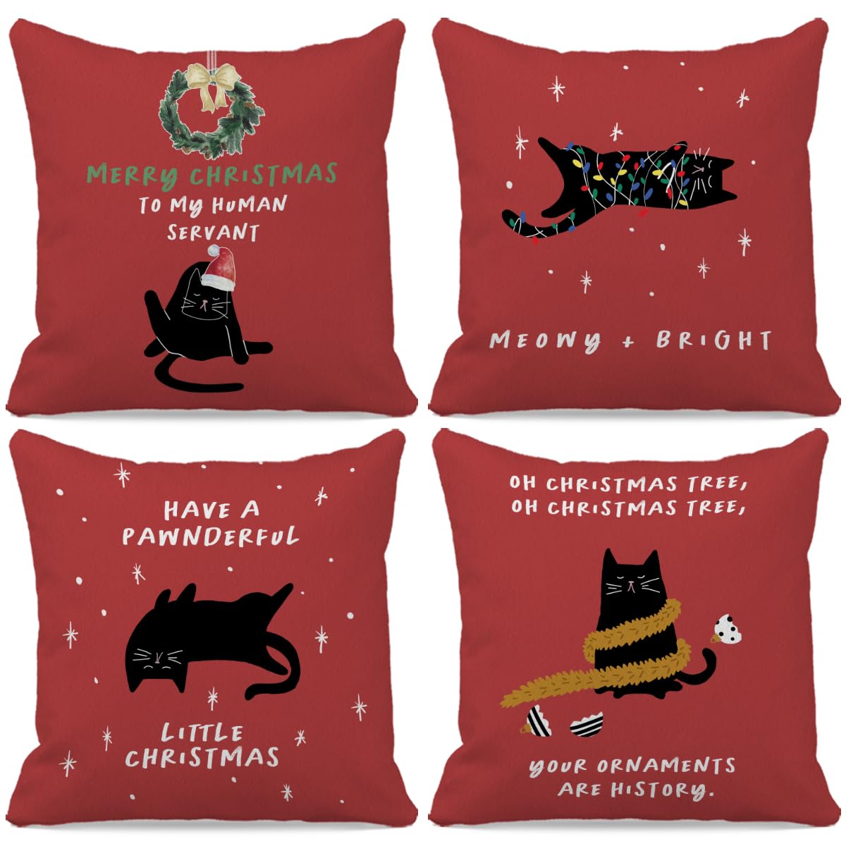 grapehiker Funny Cat Christmas Pillow Covers 18x18 Set of 4,Christmas Cat Decorations Decor,Christmas Pillow Cases,Funny Christmas Decorations,Merry Christmas Decorations