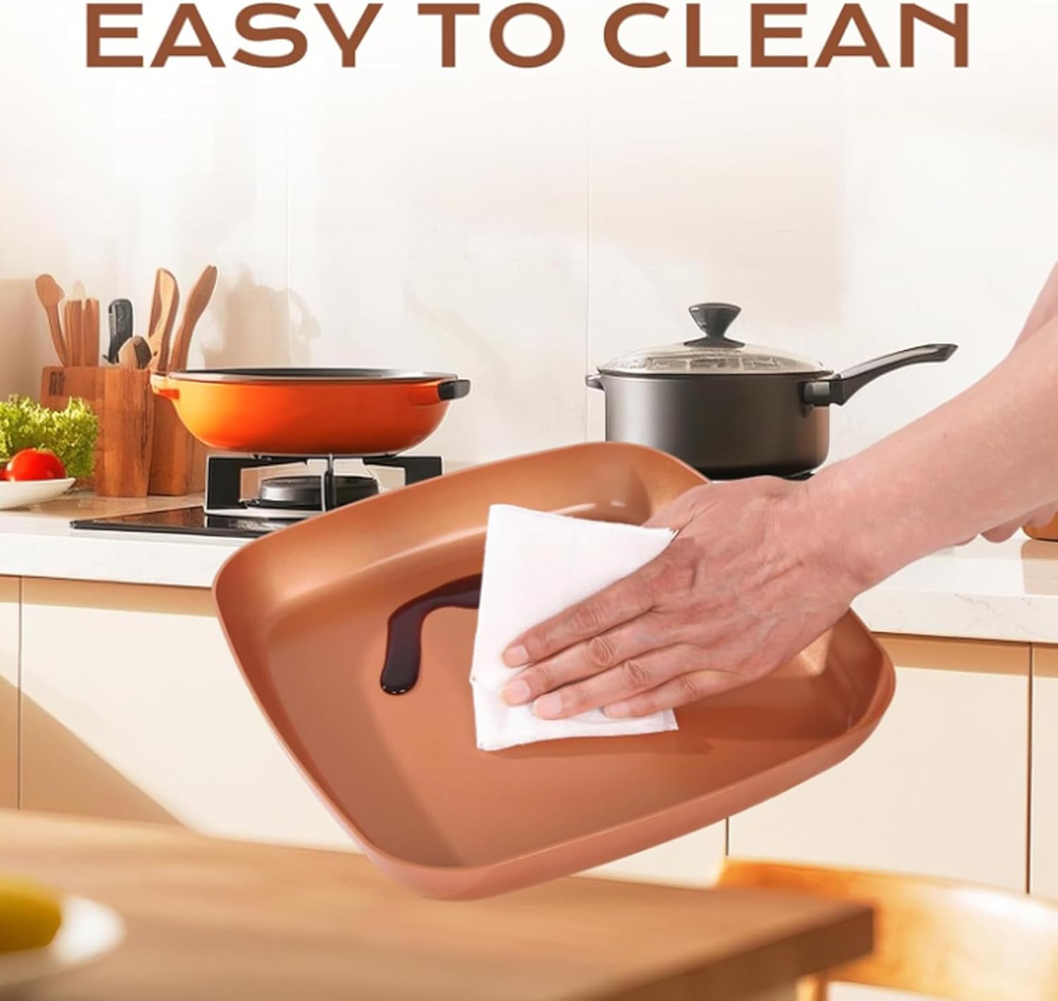 Yosoo Health Gear Frying Pan Copper Color Aluminum Alloy Stainless Steel Anti Stick Square Skillet with Compound Bottom Non Stick Ceramic Coating Oven Dishwasher Safe Cooking pots and Pans - Image 7