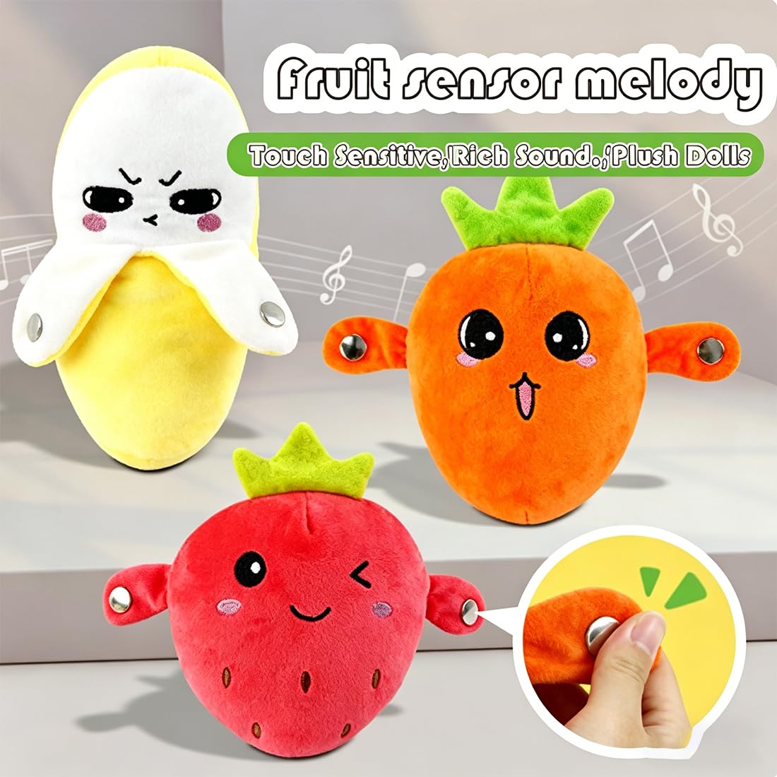 Peluche Musical Interactivo, Juguete de Fruta Sensible al Tacto para Niños, Juego Sensorial de Inducción con Música y Luces, Regalo Educativo de Aprendizaje para Juego en Grupo (3Pcs)