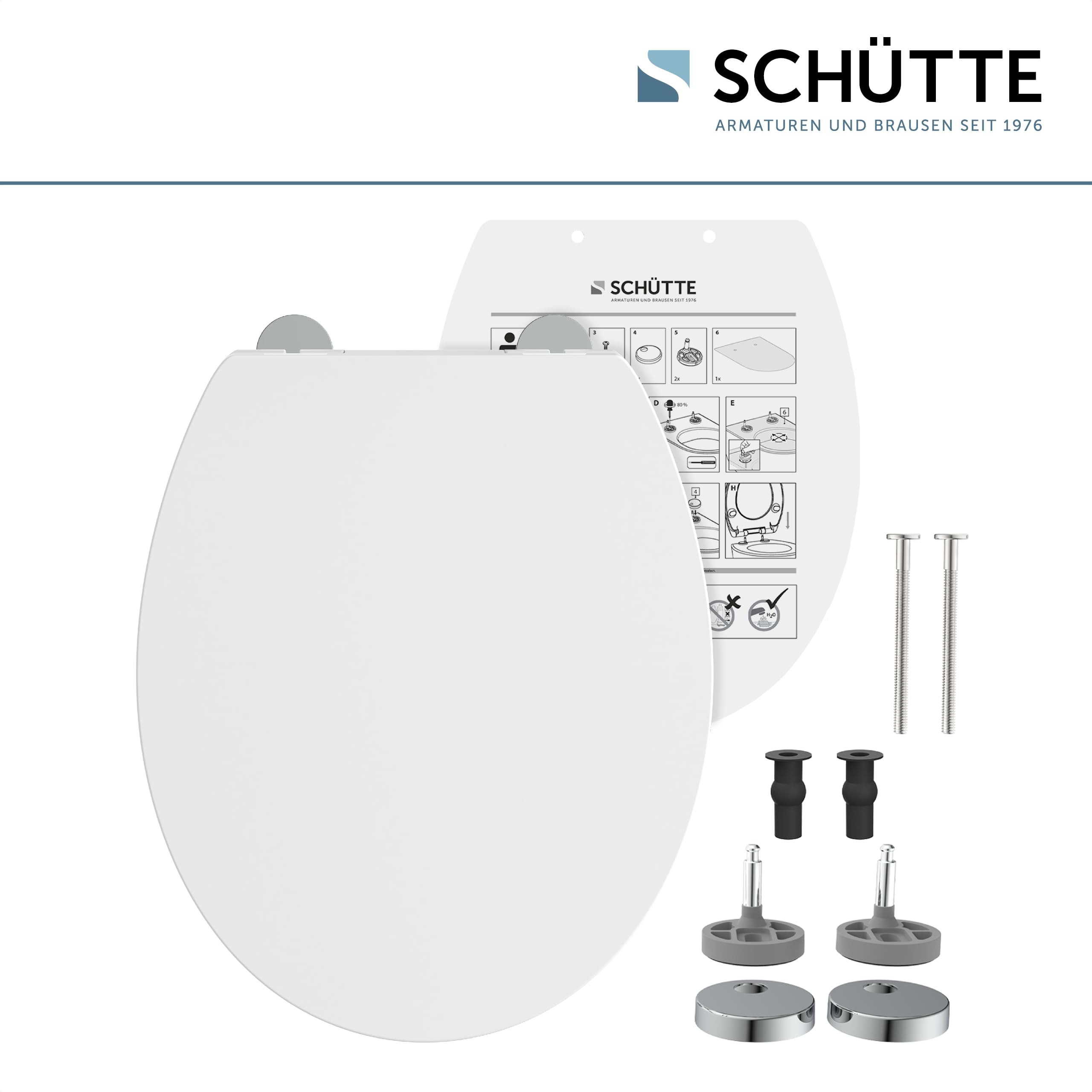 Schütte Abattant WC Universel Fin - Duroplast, Abaissement Automatique | Lunette de toilette Duroplast incassable, amovible, fixation adhésive, charge 250 kg, compatible céramiques standard