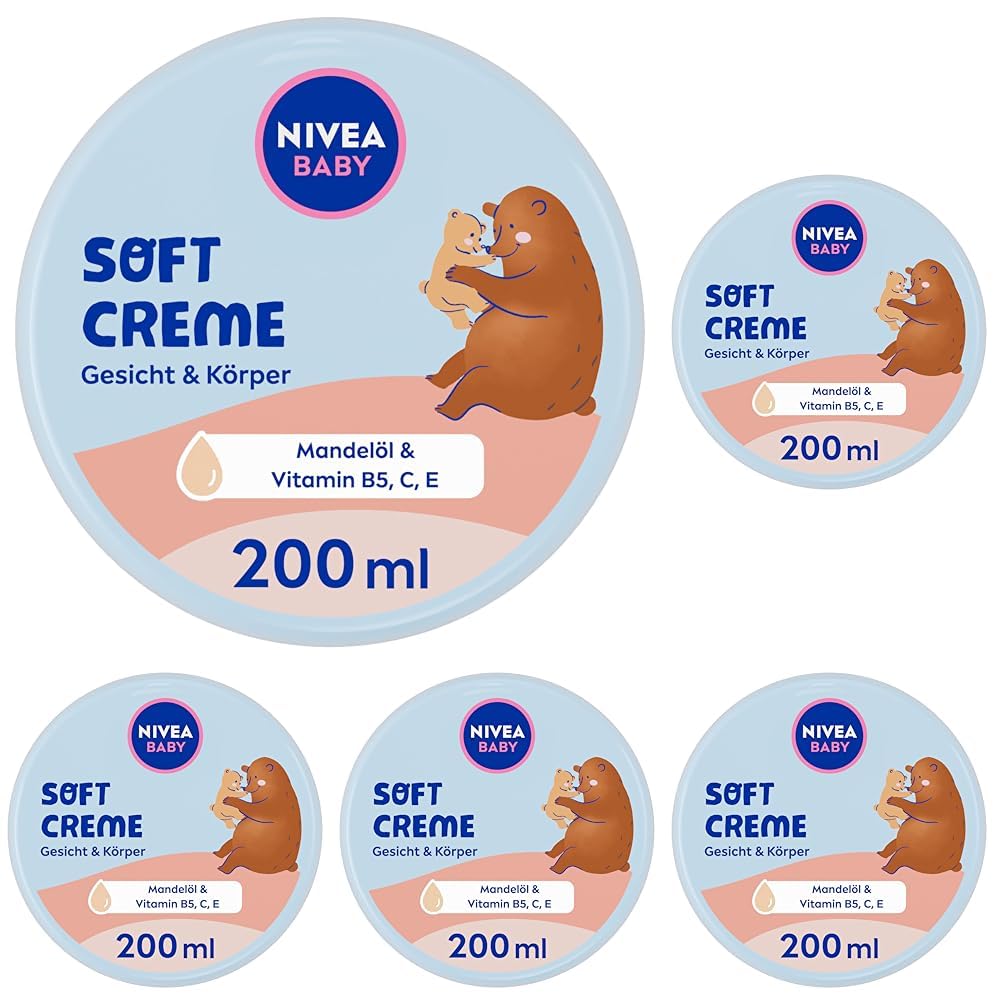 NIVEA BABY Soft Pflegecreme, vegane und hypoallergene Hautcreme schützt und stärkt, feuchtigkeitsspendende Creme für Babys mit Mandelöl und Vitaminen, ohne Mikroplastik und Parabene (200 ml)