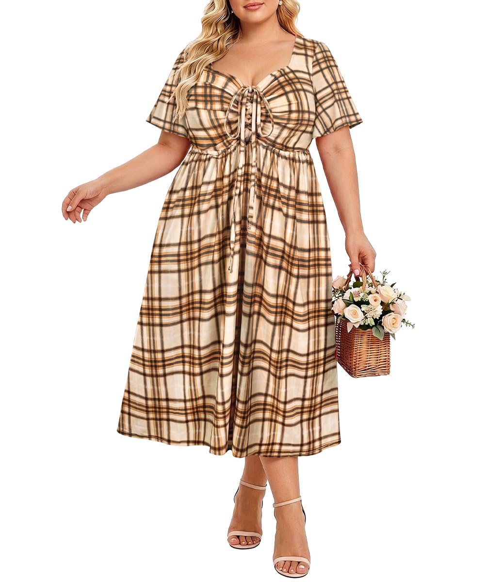 CARCOS Plus Size Dresses for Curvy Women Tie Sweetheart Neck Summer Maxi Dress Short Sleeve Empire Waist Floral Boho Dress