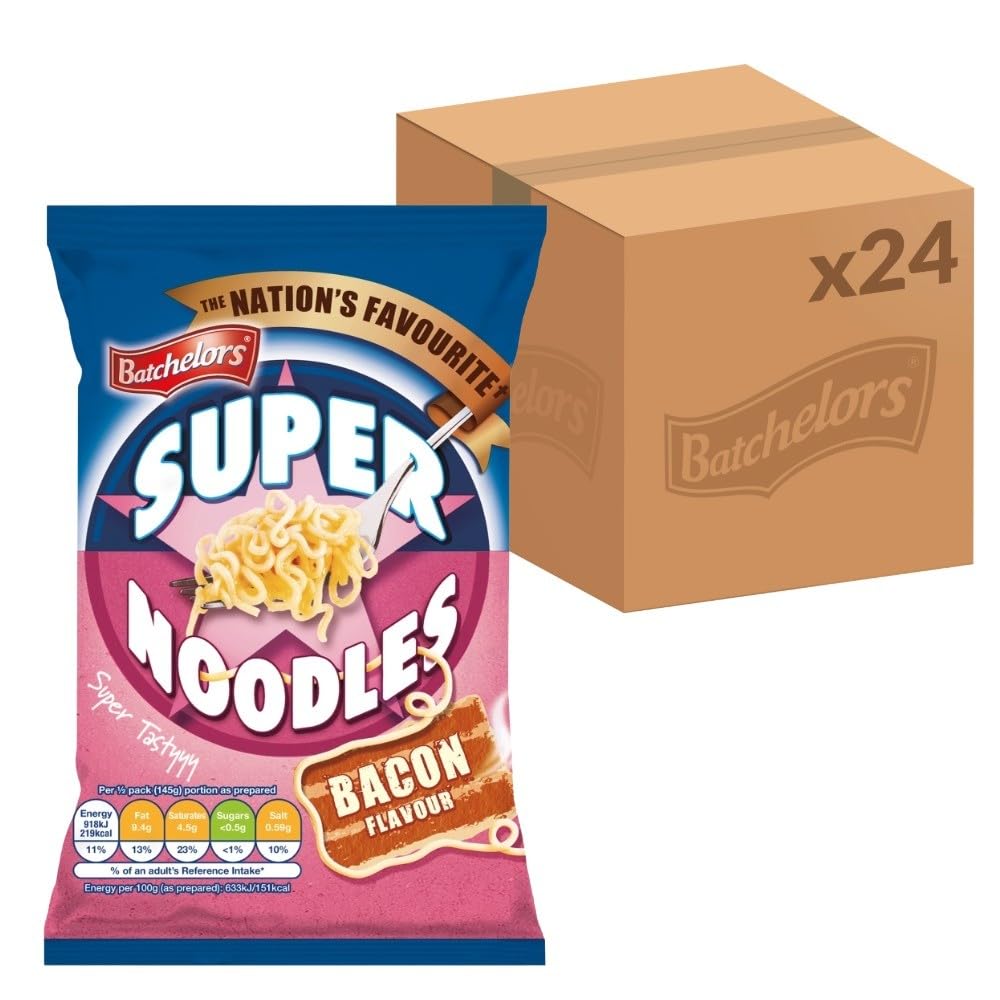Batchelors Super Noodles Bacon Flavour, Instant Snack Ready in 4 Minutes, 90 g Packet (Pack Of 24)