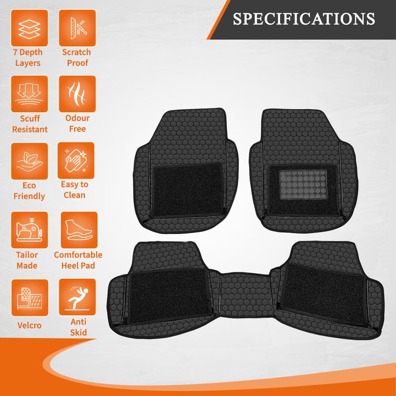 Image of 7D Car Foot Mat Compatible with Jeep Compass 2017-2026 | Universal Fit, Luxury Leather Car Floor Mat with Detachable Curly Mat | Waterproof, Anti-Slip | Color: Black