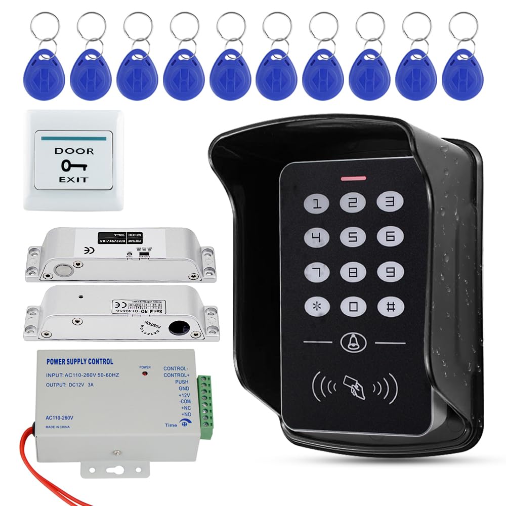 Kit de contrôle d'accès extérieur IP68 étanche avec clavier + housse de pluie + alimentation DC 12 V 3 A + bouton de sortie de porte en acier inoxydable + 10 porte-clés + serrure électrique