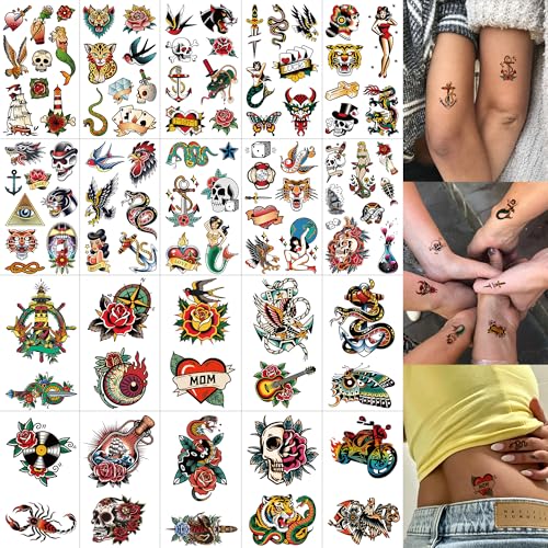 Epuxiael 96PCS American Traditional Temporary Tattoos Adults, Retro Classic Fake Tattoos for Men...