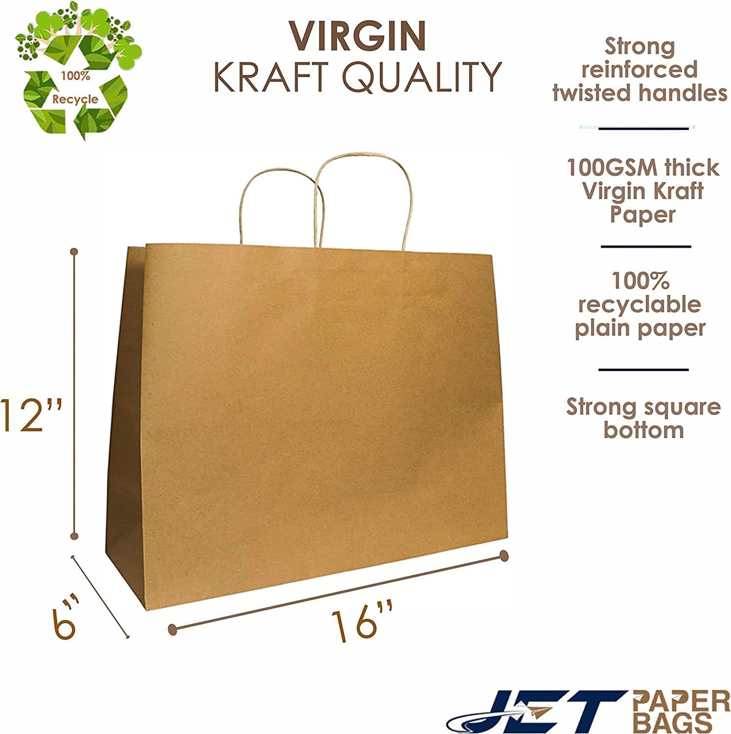 JET PAPER BAGS - 16”x 6”x12” Inch [250 Pcs] Large Brown Paper Bags with Handles Prime for Takeout, Grocery, Goody, Retail, Party, Gifts, Weddings - Recyclable Kraft Paper Gift Bags with Handles