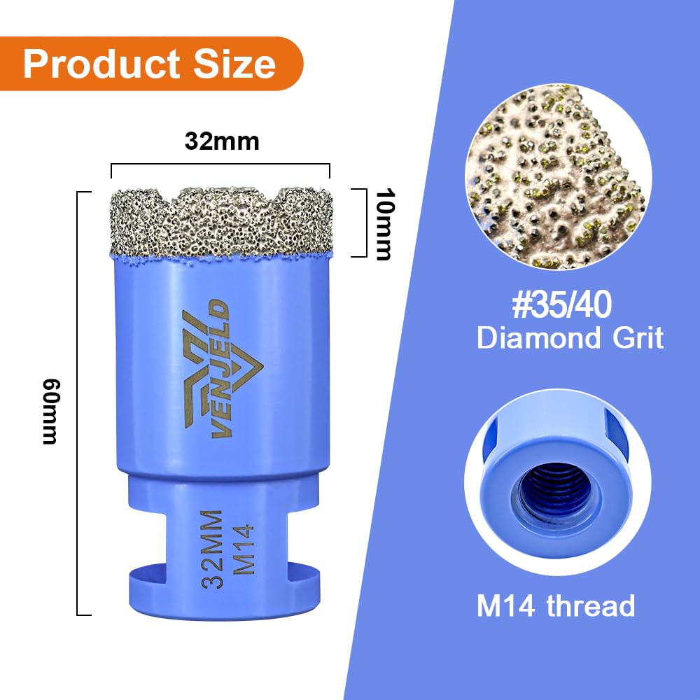 Diamond Tile Drill Bit 32mm Hole Saw with M14 Thread Dry Drilling for Ceramic Porcelain Tile Granite Marble Stone VENJELD - Image 2