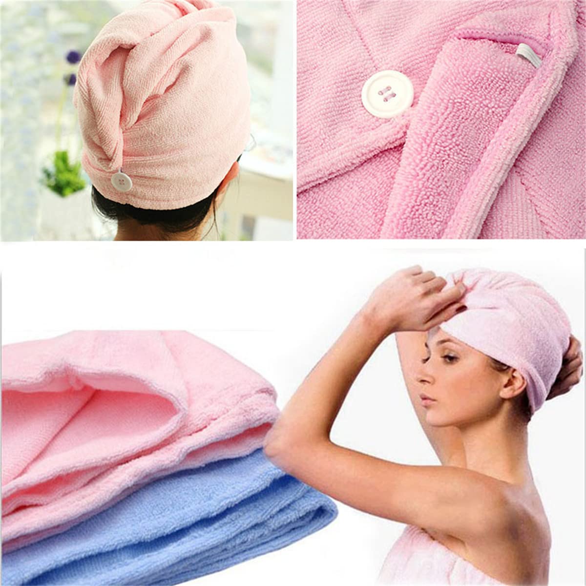 Serviette Cheveux Microfibre 3 Serviettes Turban Microfibre - Super Absorbantes, Séchage Rapide Cheveux - Avec Bouton Serviette Cheveux Microfibres