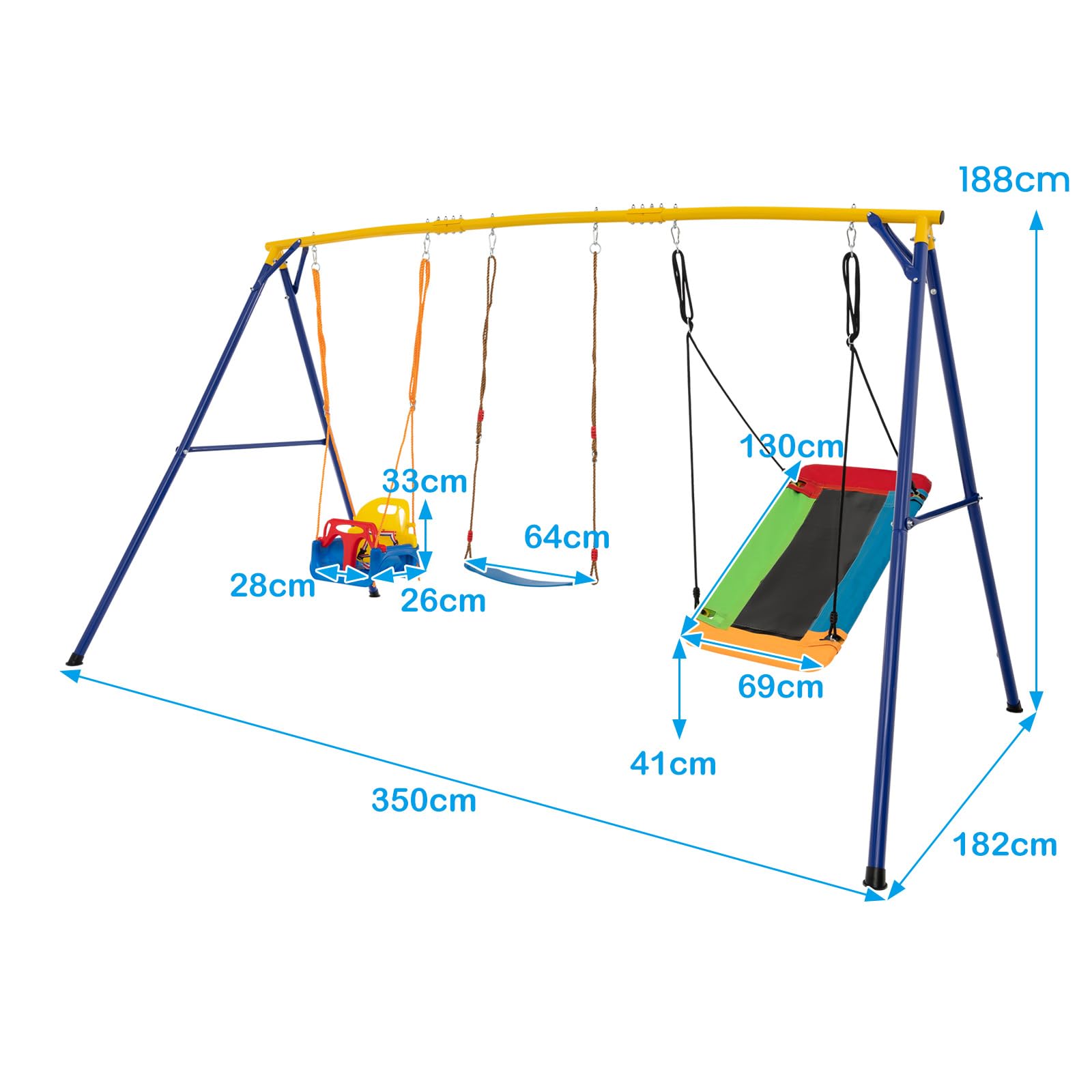 COSTWAY Schaukel mit Gestell Outdoor, Schaukelgestell Metall mit Erdspießen | Schaukelgerüst mit Nestschaukel, elastischer Kinderschaukel & Babyschaukel, Outdoor Schaukel für Kinder, 350 x 182 x 188 cm