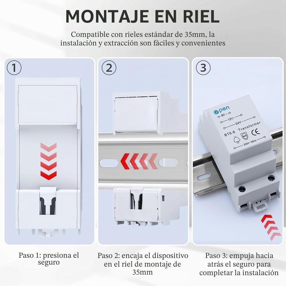 Transformador de Timbre, transformador para Timbres con Cable, Fuente de alimentación de riel DIN, 8V/12V/24V, Transformadors de Timbre Compatible Con Ring/Chime/timbre Inteligente (Blanco)